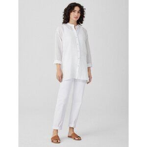 Eileen Fisher Linen Cotton Sheer Check Mandarin Collar Shirt Waffle Minimalist